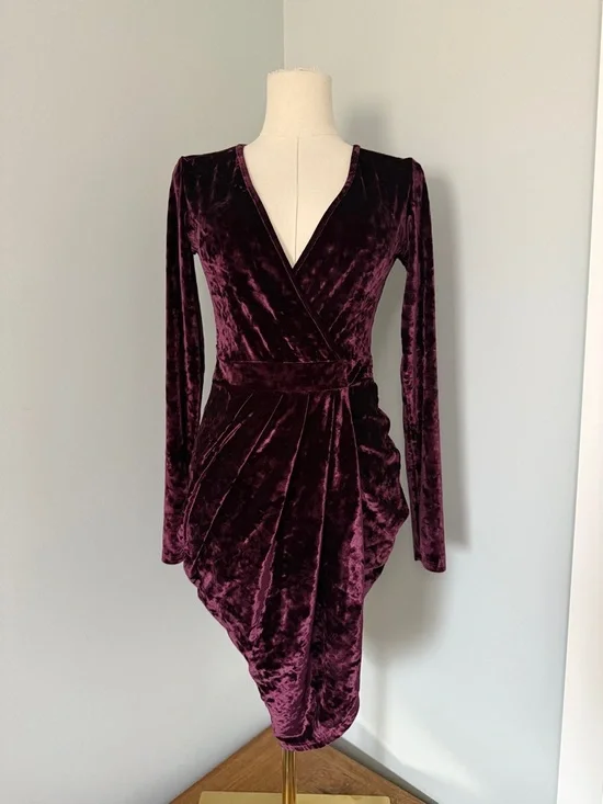 Revamped Velvet Wrap Mini Dress in Deep Burgundy - Picture 1 of 9